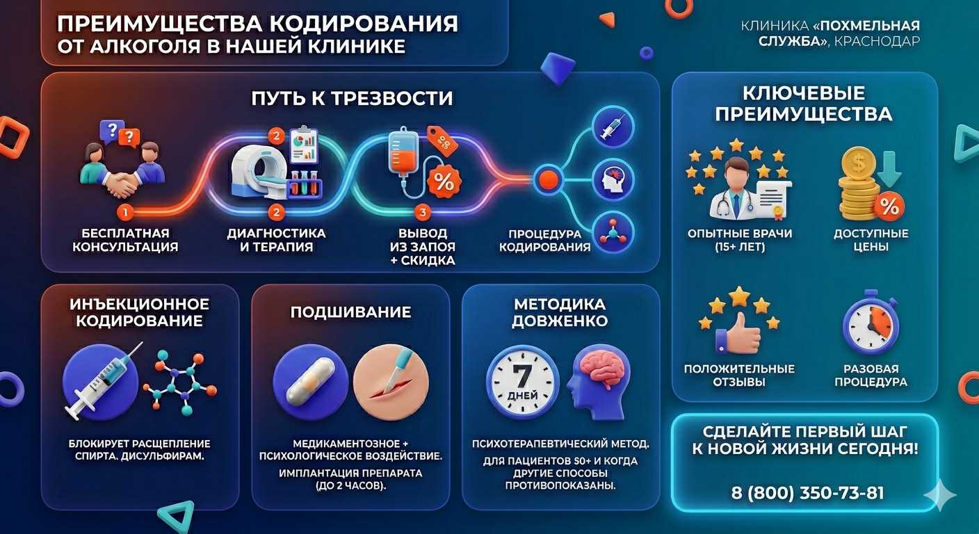 Инфографика о методах кодирования от алкоголя в Грязовце: инъекции, подшивание, метод Довженко. Преимущества клиники и этапы лечения.
